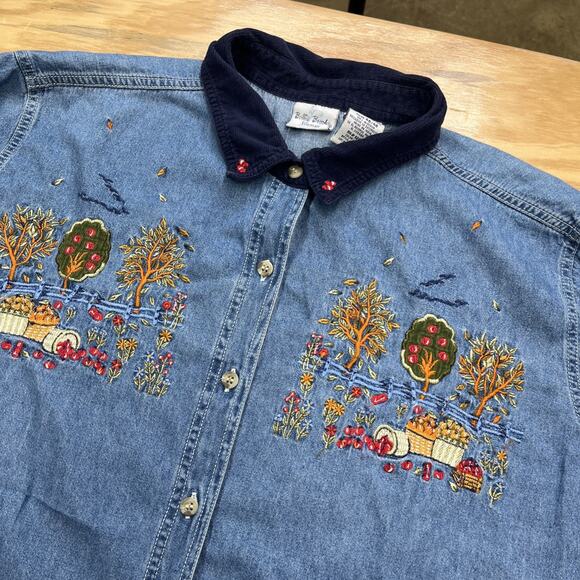 Vtg Bobbie Brooks Embroidered Fall Apples Blue Denim Shirt Women's Size 26W/28W - Picture 2 of 13